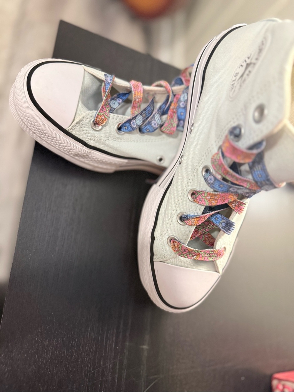 Converse High Top Sneakers in light mint color with Multicolor Patterned Laces - Picture 2 of 16